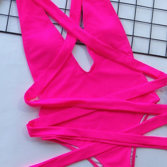 Deep V Halter Neck Tied One-Piece Swimsuit - SHIPS WITHIN 24 HOURS - Picture 2 of 4